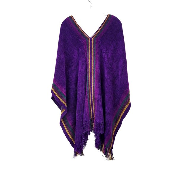 Handwoven Artisan Purple Chenille Poncho With Fringe Trim & Multicolor Stripes - Picture 1 of 8